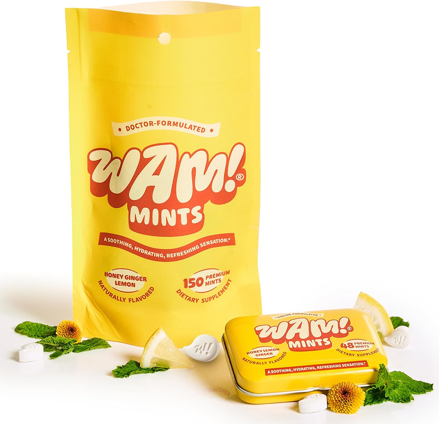WAM! Honey Lemon Ginger Mints, Sugar Free Mints Refill, 1 Tin + 1 Pouch