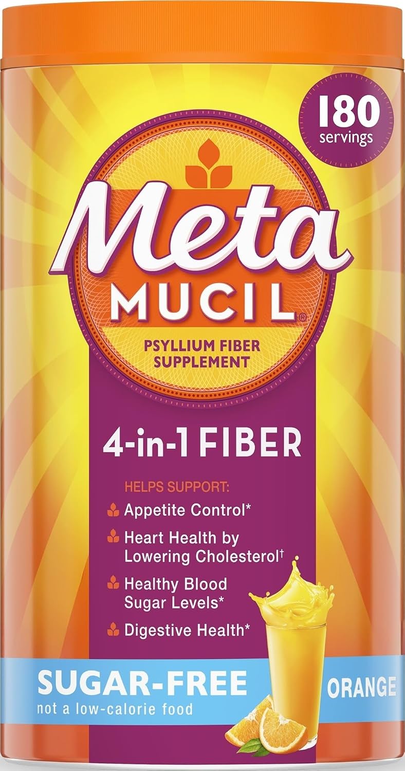 Metamucil 4-in-1 Psyllium Husk GLP-1 Friendly Fiber Supplement, Sugar-Free, 180 teaspoons, Orange Flavored, Daily Fiber Powder for Digestive Health, made with Plant-Based Psyllium Husk Fiber