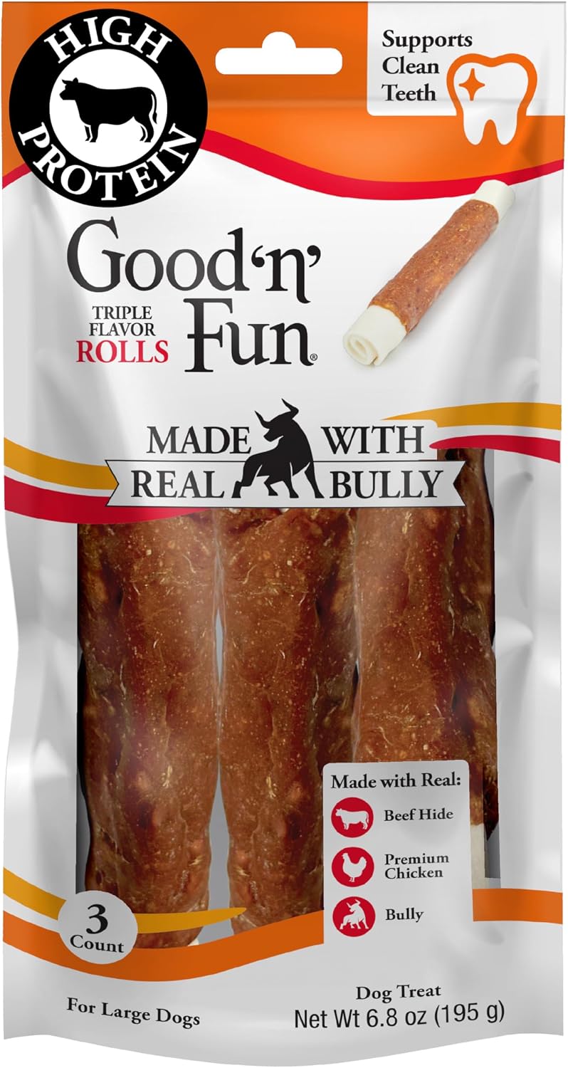 GOOD 'N' FUN Rolls Dog Treat with Real Bully for Large Dogs, 3 Count