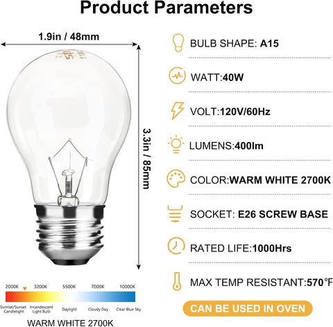 Appliance Oven Light Bulb A15 40W High Temperature 500 Degrees Resistant for Refrigerator Over Stove Microwave Range Hood Lava Lamp Replacement Bulb E26 Medium Base 120V Warm White