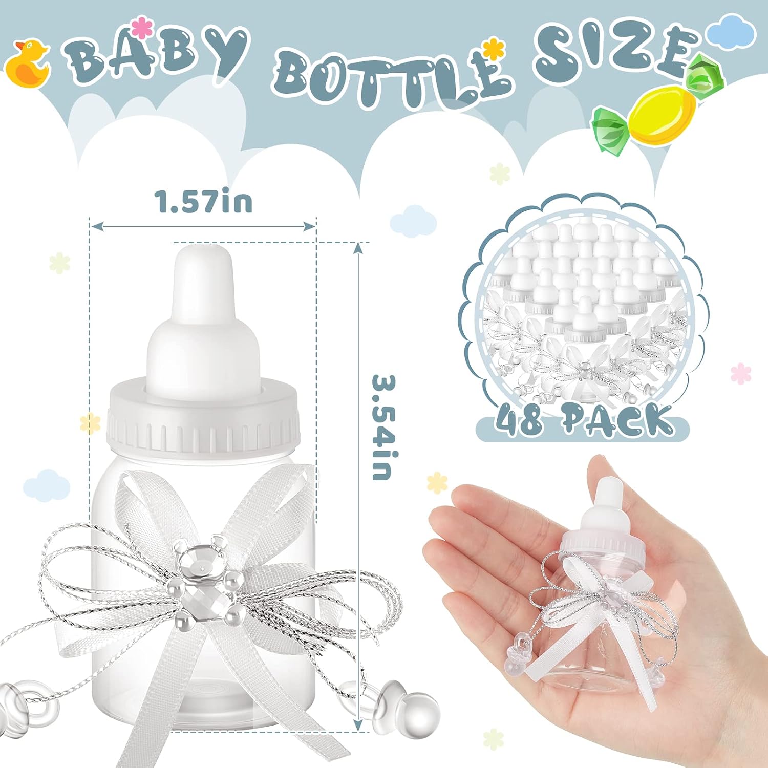 Nuenen 48 Pcs Baby Shower Milk Bottles with Ribbon Plastic Bear Candy Bottles Baby Shower Favors Gender Reveal Wedding Birthday Party Decorations(White)