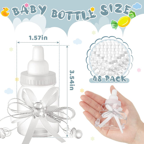 Nuenen 48 Pcs Baby Shower Milk Bottles with Ribbon Plastic Bear Candy Bottles Baby Shower Favors Gender Reveal Wedding Birthday Party Decorations(White)