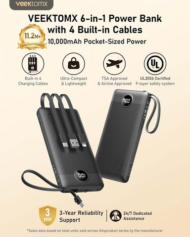 VEEKTOMX 10000mAh Portable Charger with 4 Built-in Cables