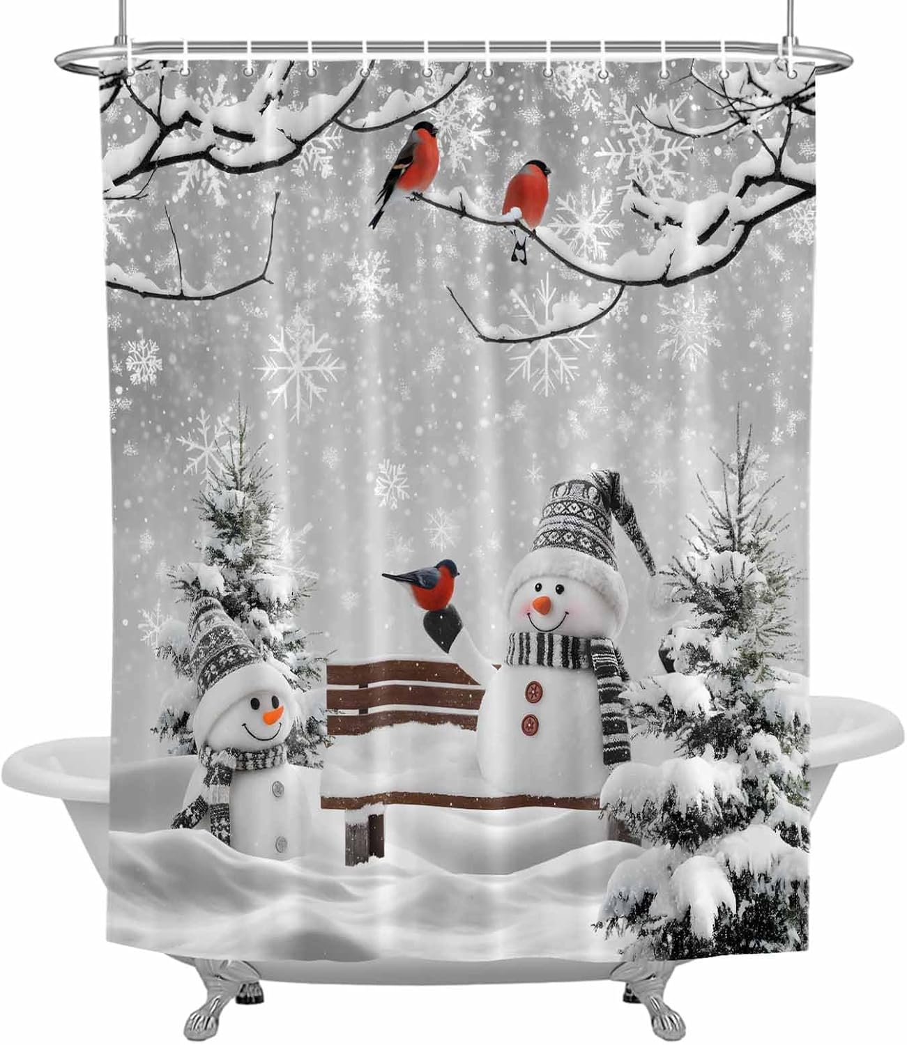 Vandarllin Winter Christmas Shower Curtain, Cute Snowman Cardinals Shower Curtains Set with Hooks, GreySnowy Pine Forest Waterproof Fabric Bathroom Curtains Decor Home Accessories,72 X 72 Inch Long