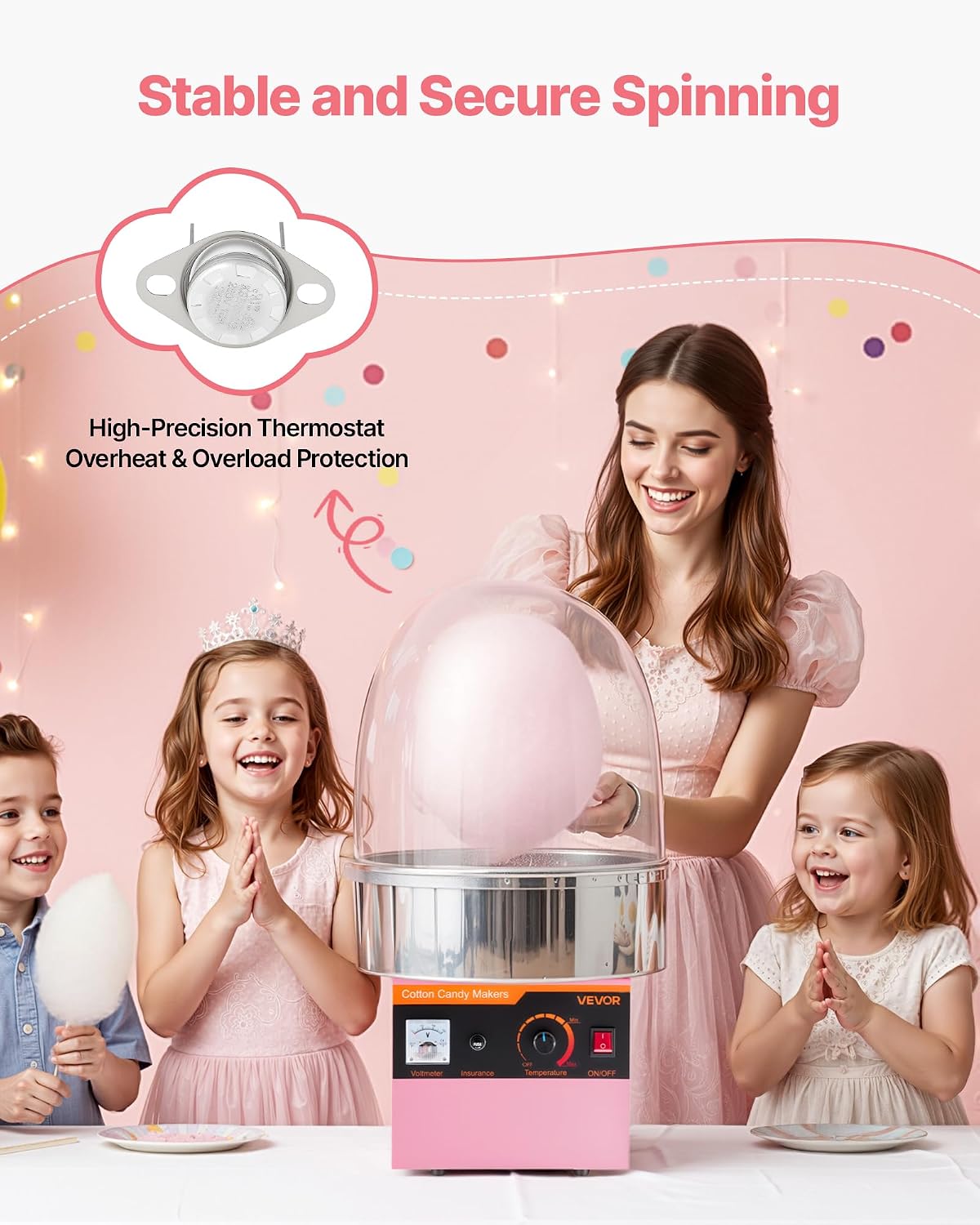 VEVOR Electric Cotton Candy Machine, 1000W Commercial Floss Maker With Cover, Commercial Cotton Candy Machine w/Stainless Steel Bowl & Sugar Scoop, Ideal for Carnival, Birthday, Family Party, Pink