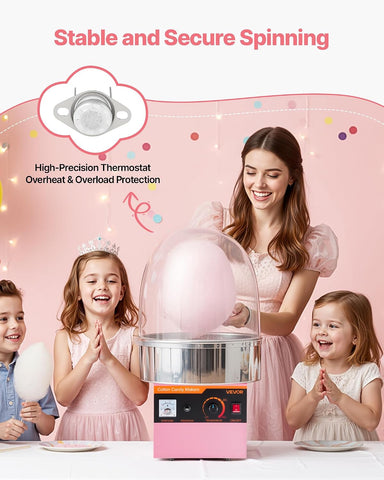 VEVOR Electric Cotton Candy Machine, 1000W Commercial Floss Maker With Cover, Commercial Cotton Candy Machine w/Stainless Steel Bowl & Sugar Scoop, Ideal for Carnival, Birthday, Family Party, Pink