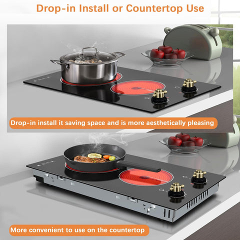 Karinear 110V Electric Cooktop 2 Burners Electric Stove 12" Knob Control