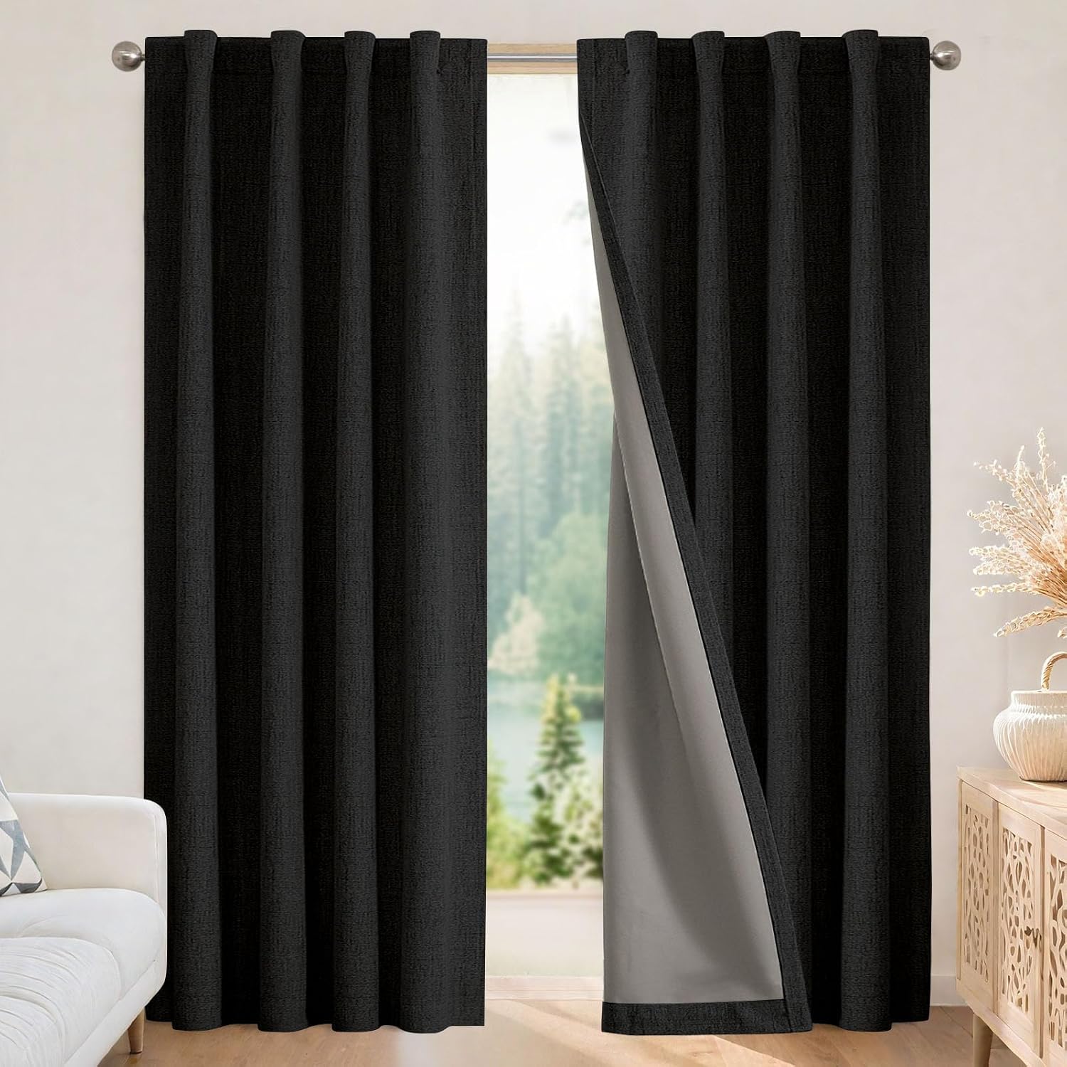 Joydeco Linen Blackout Curtains for Bedroom - 100% Light Blocking 1 Panels, Black Drapes 70" W x 108" L, Thermal Insulated Room Darkening Curtains for Living Room, Rod Pocket & Back Tabs