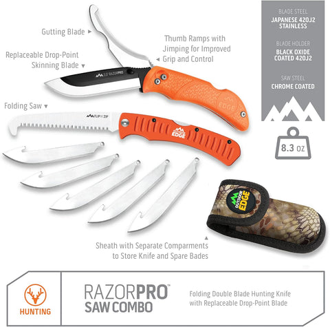 OUTDOOR EDGE RazorPro Double Blade Hunting Knife with Flip N’ Zip Bone Saw – Folding Knife with Gutting Blade & Replaceable RazorSafe Skinning Edge, Includes Camo Nylon Sheath