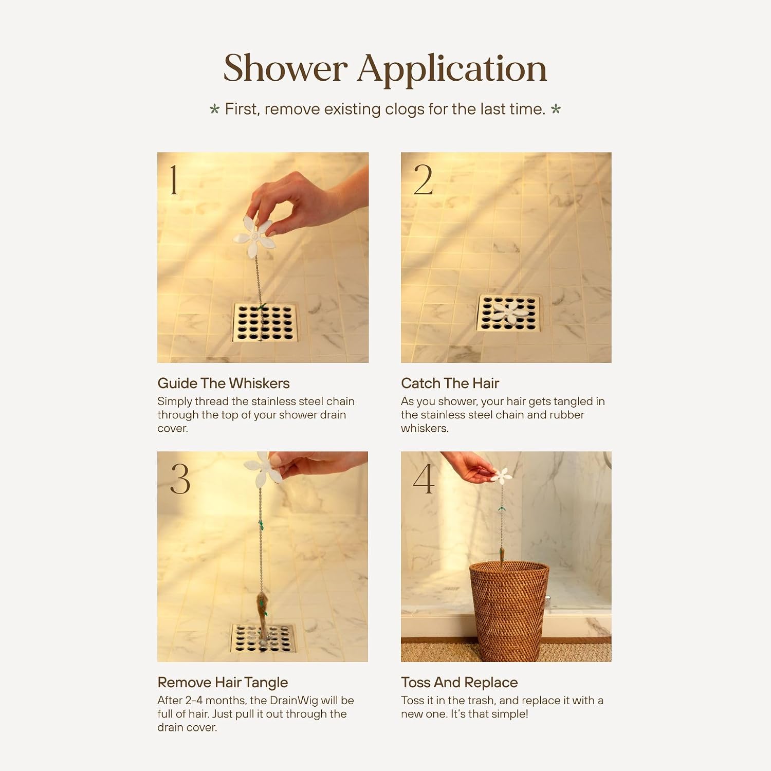 DrainWig Shower Drain Hair Catcher – Disposable Bathroom Hair Trap, Easy to Install in Shower Drain Cover, Helps Prevent Clogs – As Seen on Shark Tank - Bathroom Accessories - Shell (4-Pack)