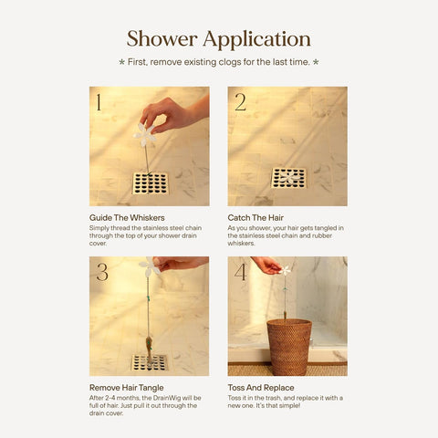 DrainWig Shower Drain Hair Catcher – Disposable Bathroom Hair Trap, Easy to Install in Shower Drain Cover, Helps Prevent Clogs – As Seen on Shark Tank - Bathroom Accessories - Shell (4-Pack)