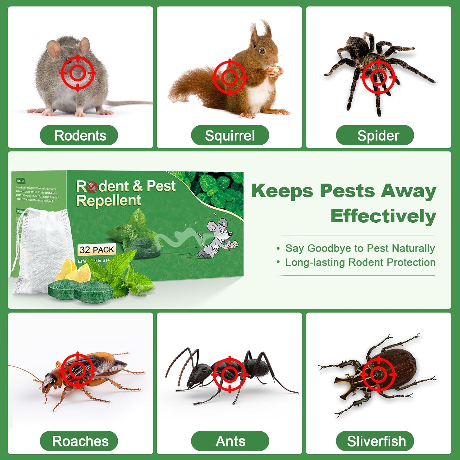 Mouse Rodent Repellent, 32Pack Peppermint Oil Mice Repellent for Mice, Rats, Squirrels, Spiders and Pests, Indoor & Outdoor Natural Mouse Deterrent, Keeps Rodents Away from Garden & Home (Mint)