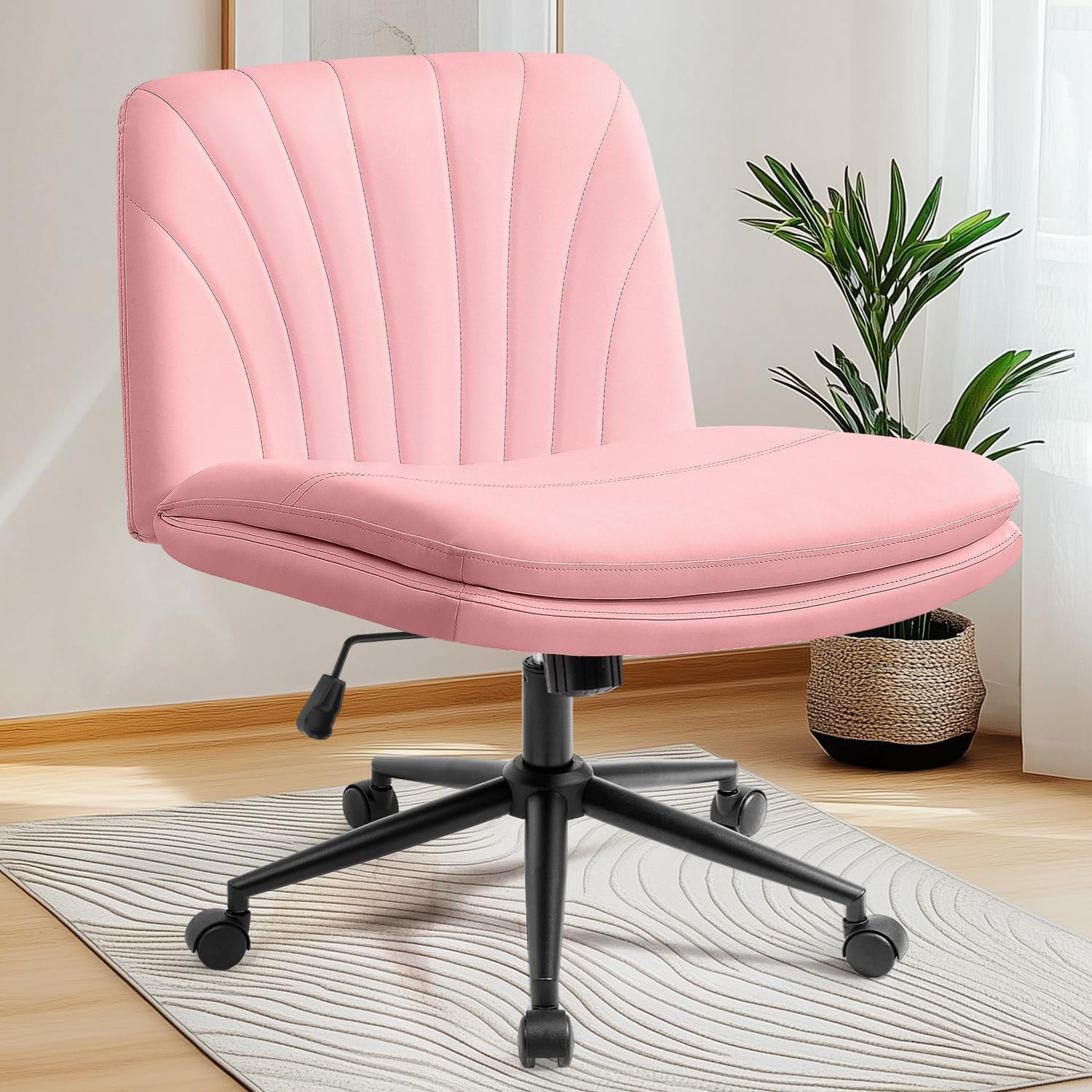 NEO CHAIR Criss Cross Chair with Wheels Armless Vanity Desk Office Wide Comfy Chair Cross Legged Adjustable Swivel Rolling Computer for Home Office PU Leather (Pink-Leather)