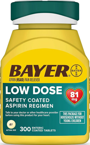 Bayer Aspirin Low Dose 81 mg, Enteric Coated Tablets, Doctor Recommended, Secondary Prevention of Cardiovascular Disease, 300 Safety Coated Tablets (Packaging may vary)