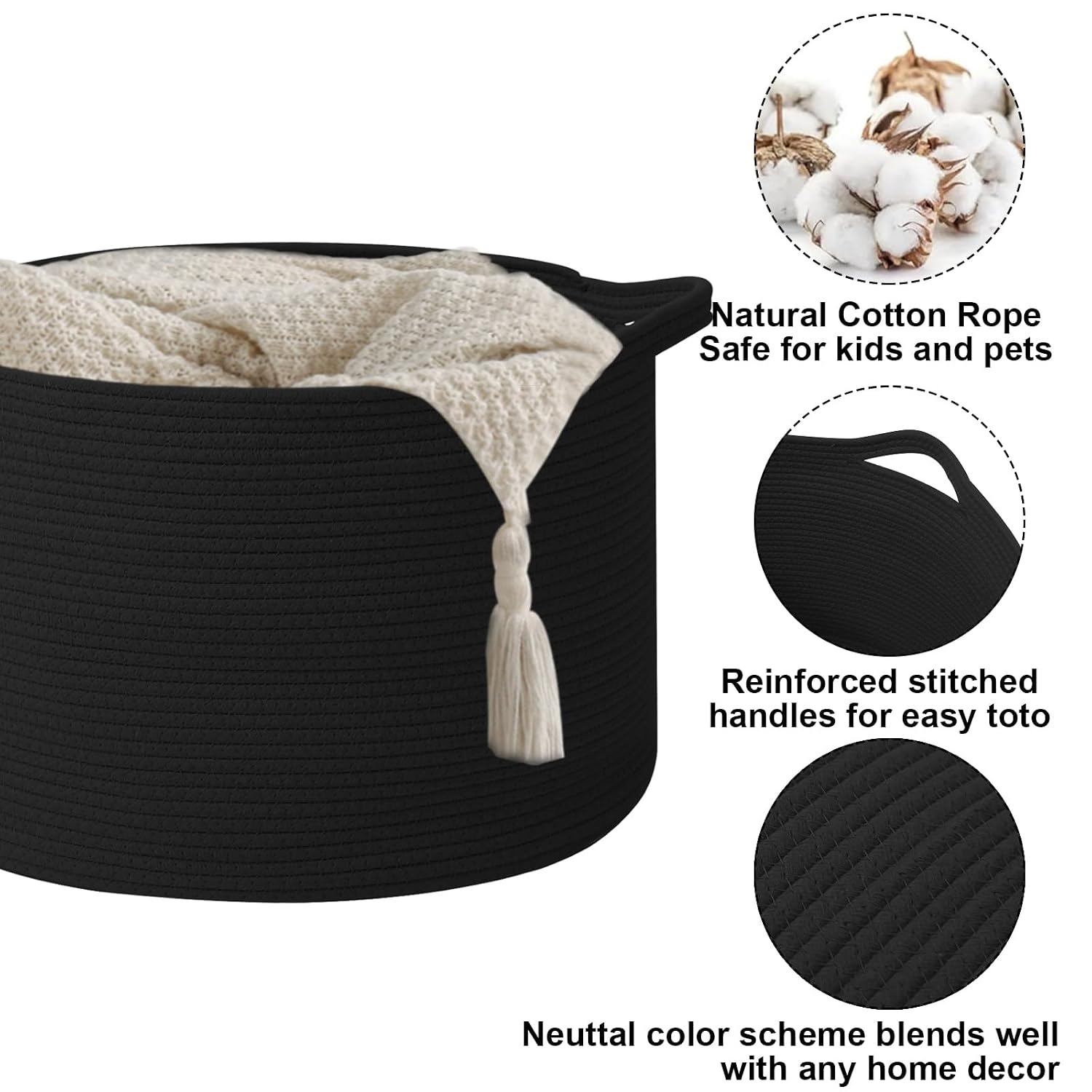 90L Extra Large Blanket Basket,Woven Rope Laundry Basket-Black