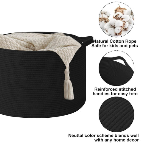 90L Extra Large Blanket Basket,Woven Rope Laundry Basket-Black
