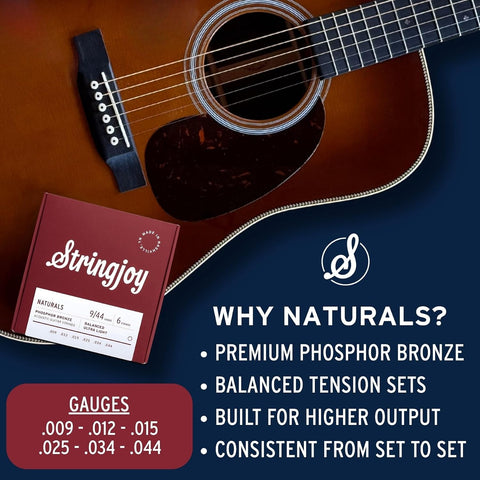 Stringjoy Naturals 9-44 Balanced Ultra Light guitar strings – Phosphor Bronze Acoustic Guitar Strings - Extra Comfort with Balanced Tension & Outstanding Tone, Acoustic 6 String Set, 2-Pack