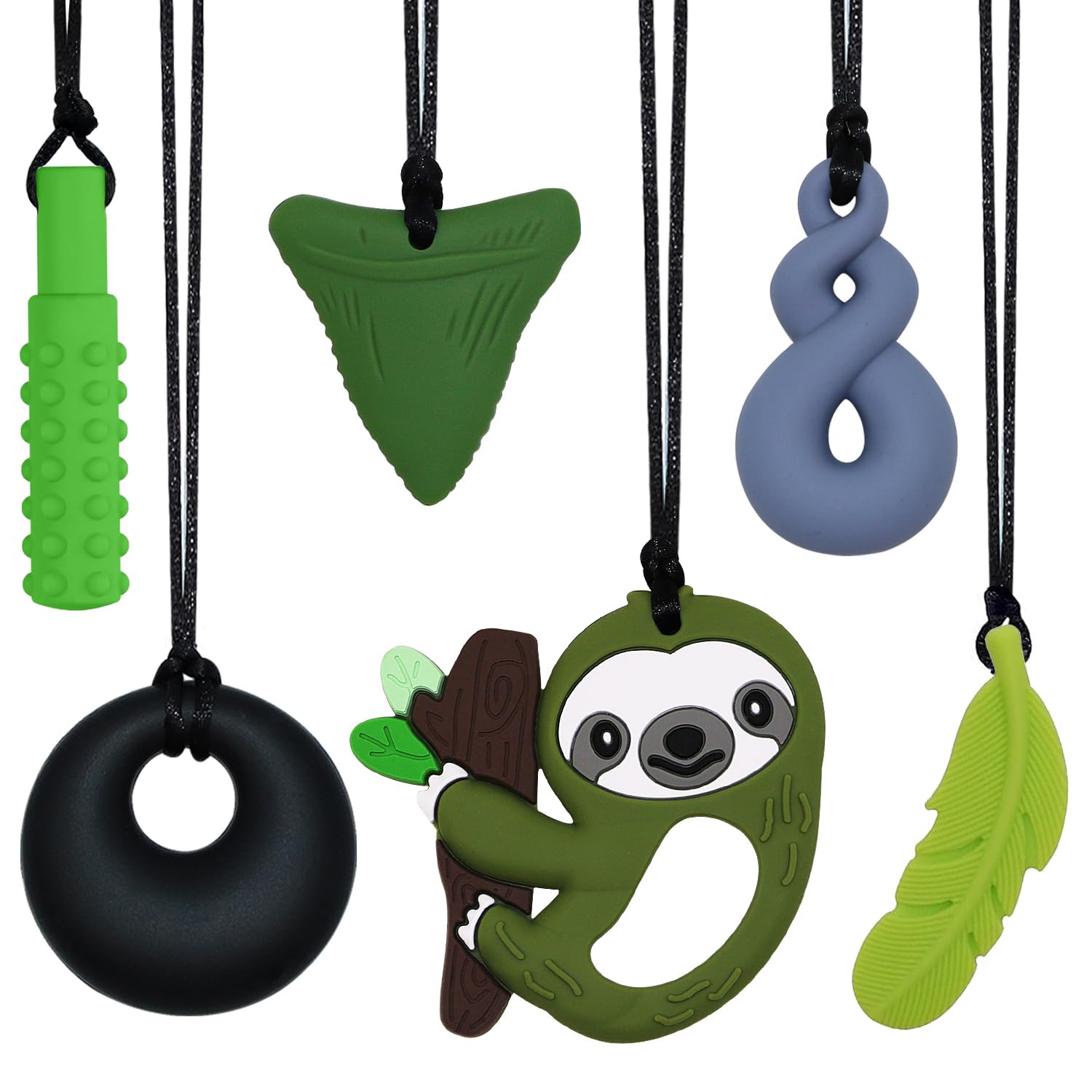 Sensory Chew Necklace for Kids Boys Girls, 6 Pack Silicone Chew Toys for Kids with ADHD Autism, Anxiety, Chewy Necklace Sensory Toys Reduce Adult Chewing Fidgeting (Green Sloth)