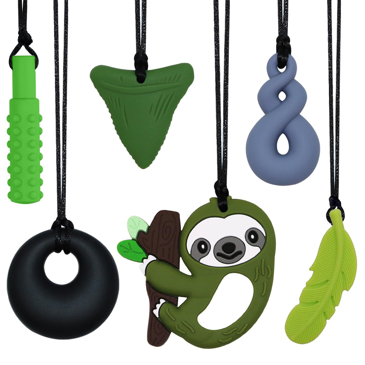 Sensory Chew Necklace for Kids Boys Girls, 6 Pack Silicone Chew Toys for Kids with ADHD Autism, Anxiety, Chewy Necklace Sensory Toys Reduce Adult Chewing Fidgeting (Green Sloth)