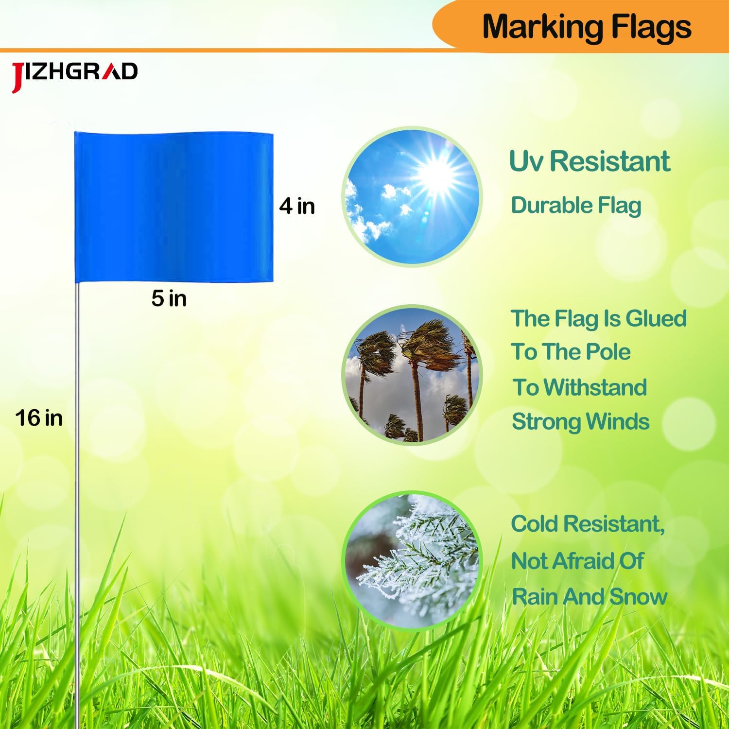 100Pack Blue Marking Flags, JIZHGRAD 16x4x5 Inch Marker Flags Use for Yard & Lawn, Boundary & Dog Training, Survey & Landscape, Sprinkler & Surveyor, Garden & Construction, High Visibility, Sturdy, Versatile, UV & Weather Resistant