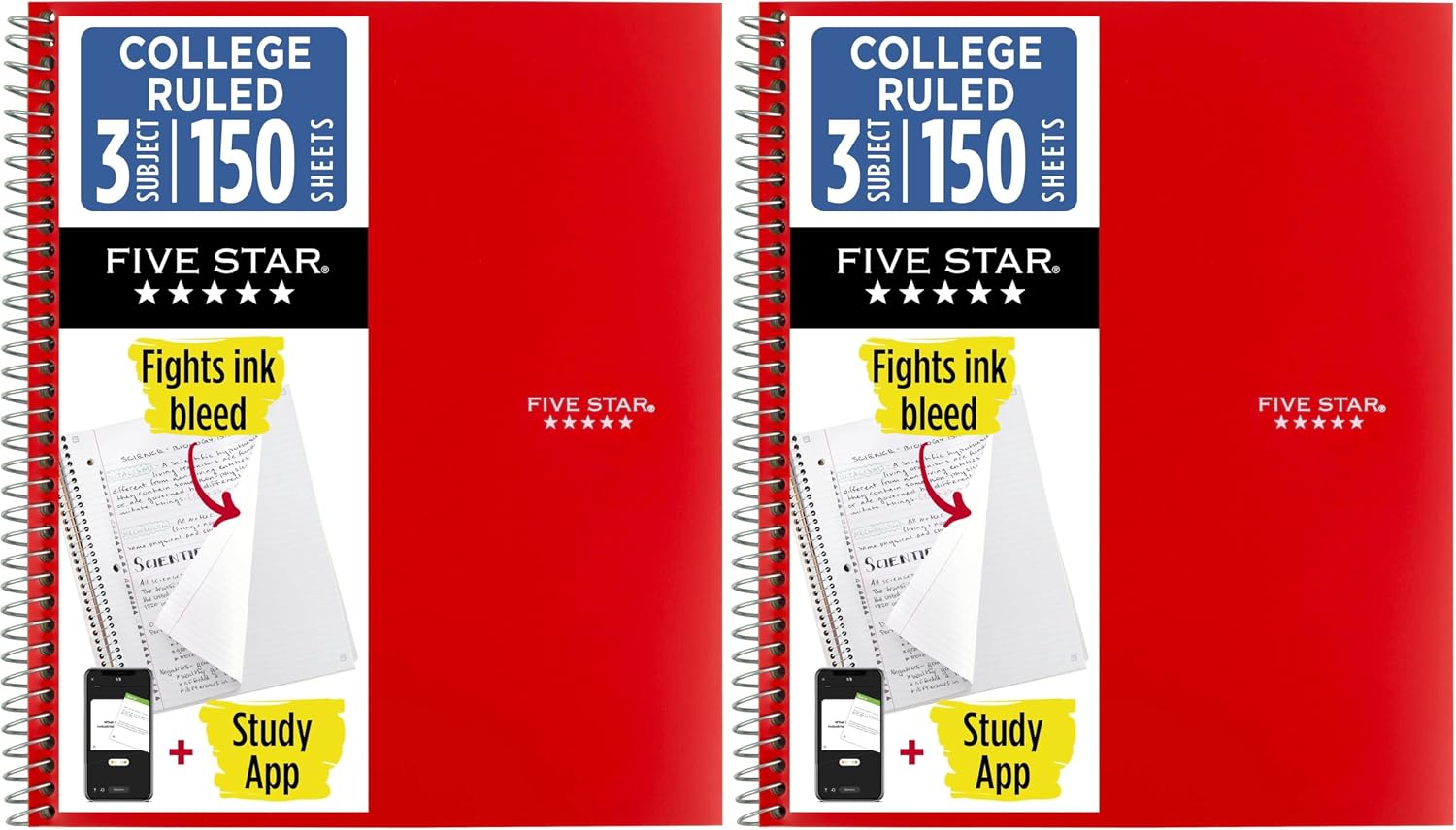Five Star Spiral Notebook + Study App, 3 Subject, College Ruled Paper, Fights Ink Bleed, Water Resistant Cover, 8-1/2" x 11", 150 Sheets, Red (72065) (Pack of 2)