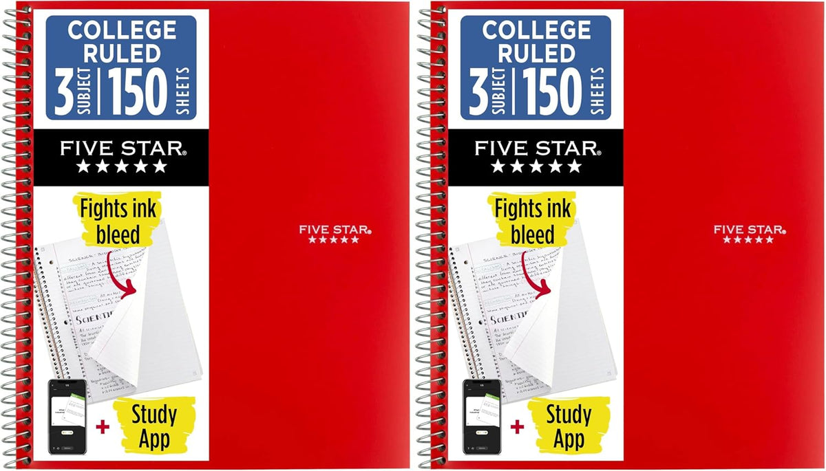 Five Star Spiral Notebook + Study App, 3 Subject, College Ruled Paper, Fights Ink Bleed, Water Resistant Cover, 8-1/2" x 11", 150 Sheets, Red (72065) (Pack of 2)