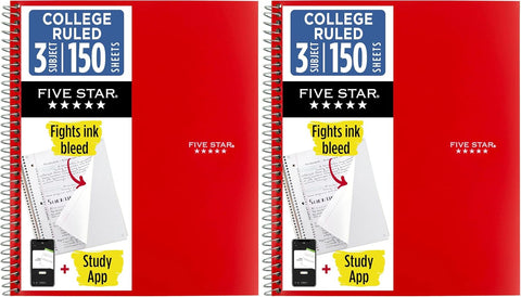 Five Star Spiral Notebook + Study App, 3 Subject, College Ruled Paper, Fights Ink Bleed, Water Resistant Cover, 8-1/2" x 11", 150 Sheets, Red (72065) (Pack of 2)