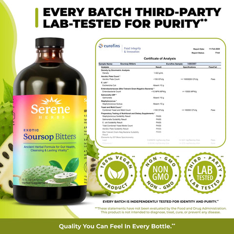 Serene Herbs Soursop Bitters Liquid with Soursop Leaves for Gut Cleanse, Detox & Immune Boost with Black Seed, Moringa, Irish Moss, Ashwaganda, Turmeric, 16 fl oz (16 Fl, Soursop)