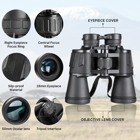 20x50 High Power Binoculars for Bird Watching 28mm Large Eyepiece Life Waterproof Binoculars for Hunting Hiking Concert Travel with Smartphone Adapter BAK4 Prism FMC Lens, Black