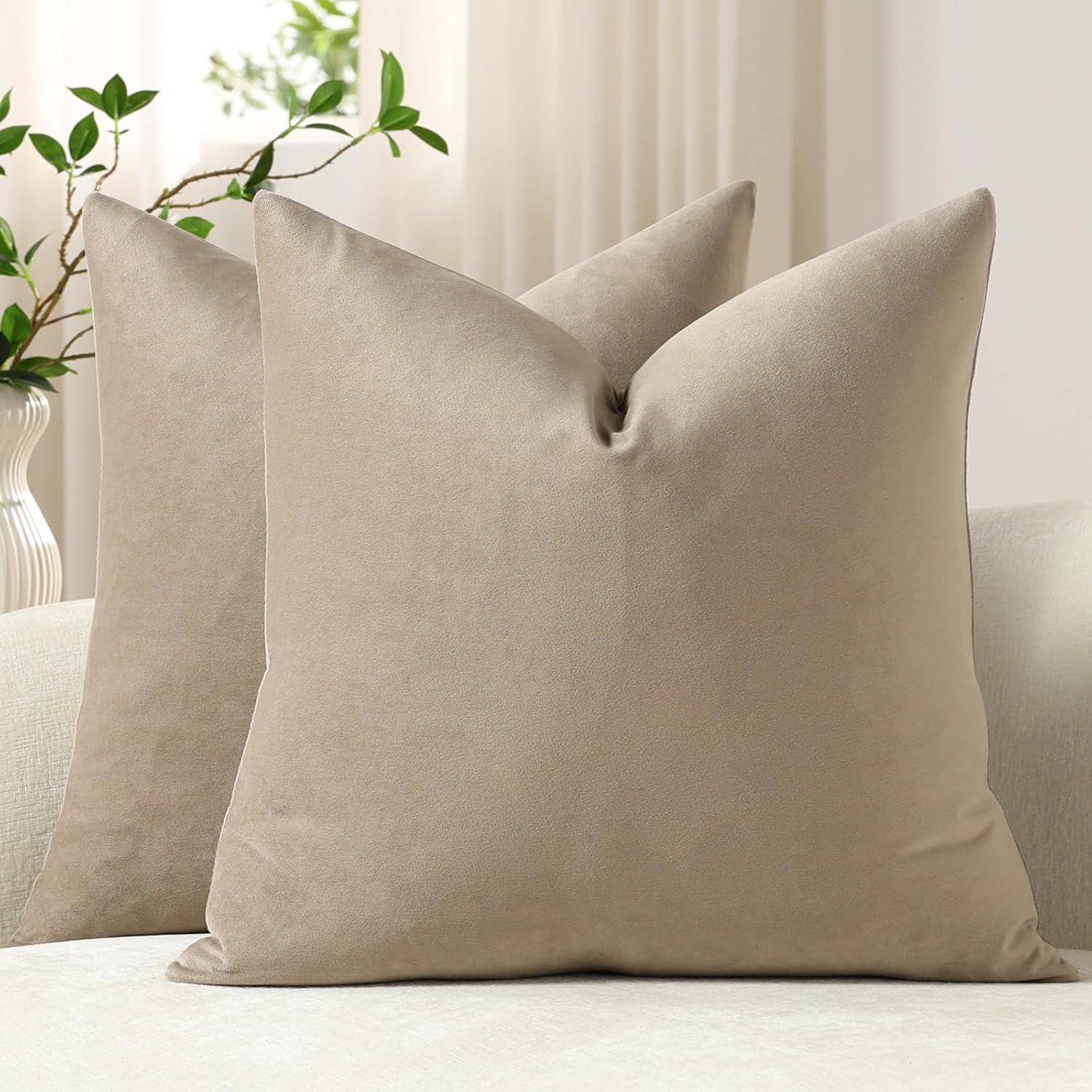 DEZENE Euro Sham Covers 26x26 Taupe: Pack of 2 Cozy Soft Velvet Square Modern Luxury Decorative Throw Pillow Cases for Sofa Couch Living Room Bed Home Decor