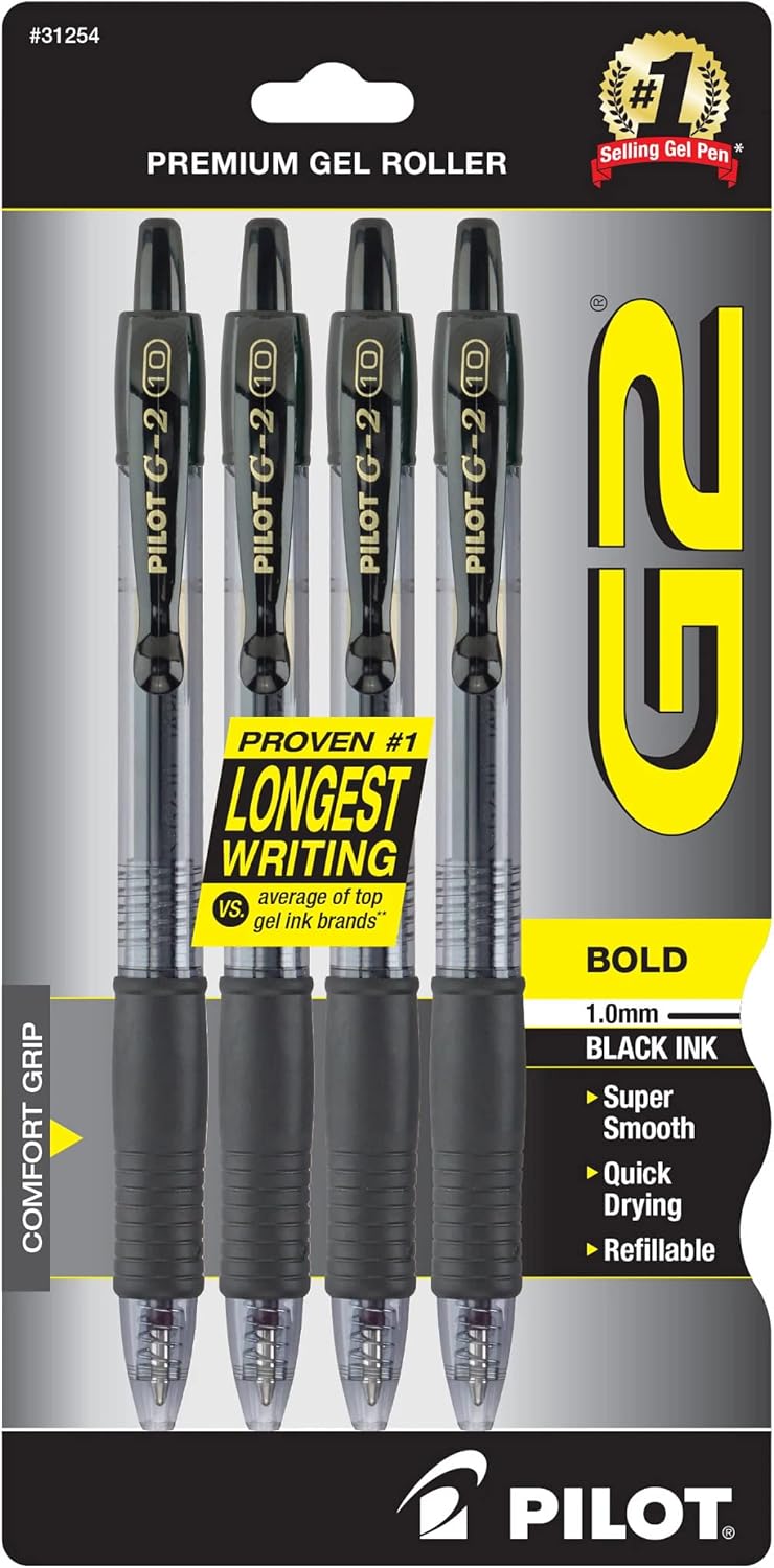 PILOT G2 Premium Rolling Ball Gel Pens, 1.0 mm, Black Ink, 4-Pack