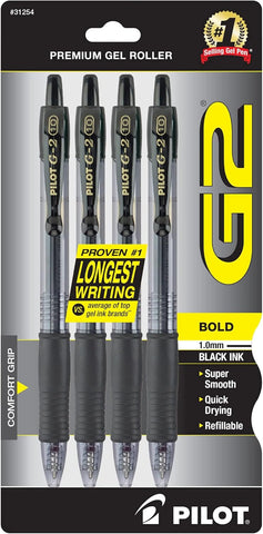 PILOT G2 Premium Rolling Ball Gel Pens, 1.0 mm, Black Ink, 4-Pack