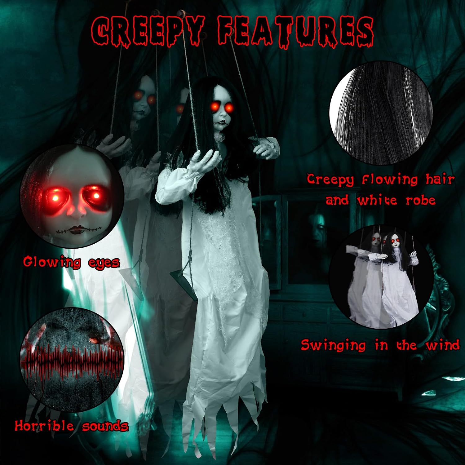 Scary Halloween Decorations Outdoor, 47-Inch Hanging Swinging Doll Girl