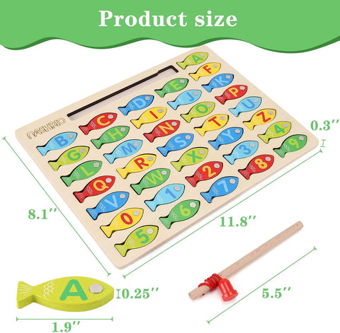 Magnetic Wooden Fishing Game Toy for Preschoolers, Alphabet Fish Catching Counting Games Puzzle with Numbers and Letters, Preschool Learning ABC and Math Educational Toys for 3 4 5 Years Old Kids