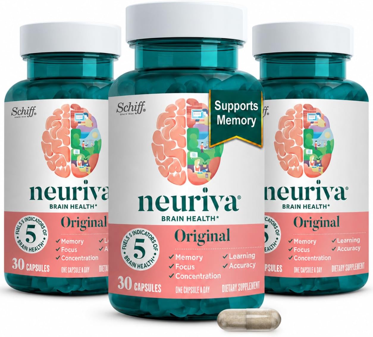 NEURIVA Original Brain Supplement for Memory, Focus & Concentration + Learning & Accuracy with Clinically Tested Nootropics Phosphatidylserine and Neurofactor, Caffeine Free, 30ct Capsules (3 Pack)