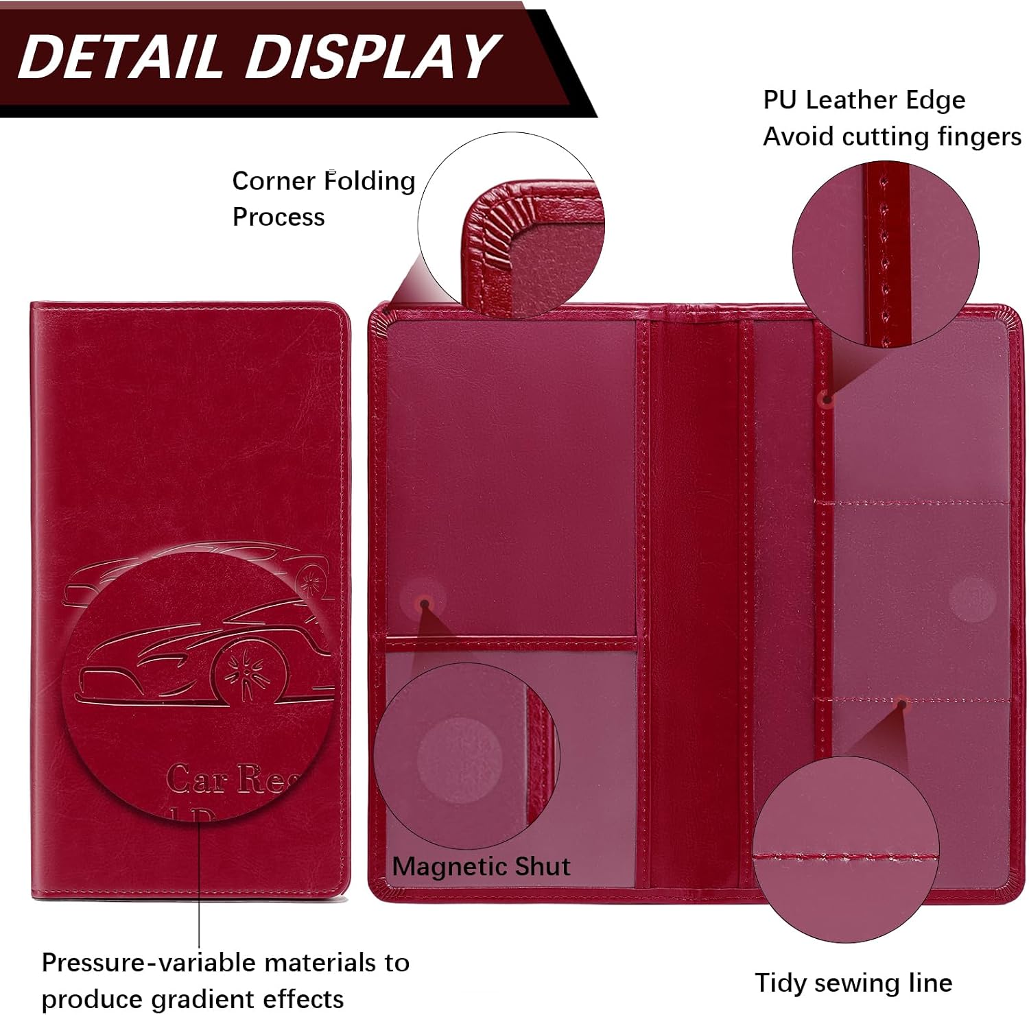 Car Registration and Insurance Card Holder for Women Men, Red Glove Box Paperwork Organizer with Magnetic Buckle for Easy Access and Protect Documents and Various Cards in Vehicle
