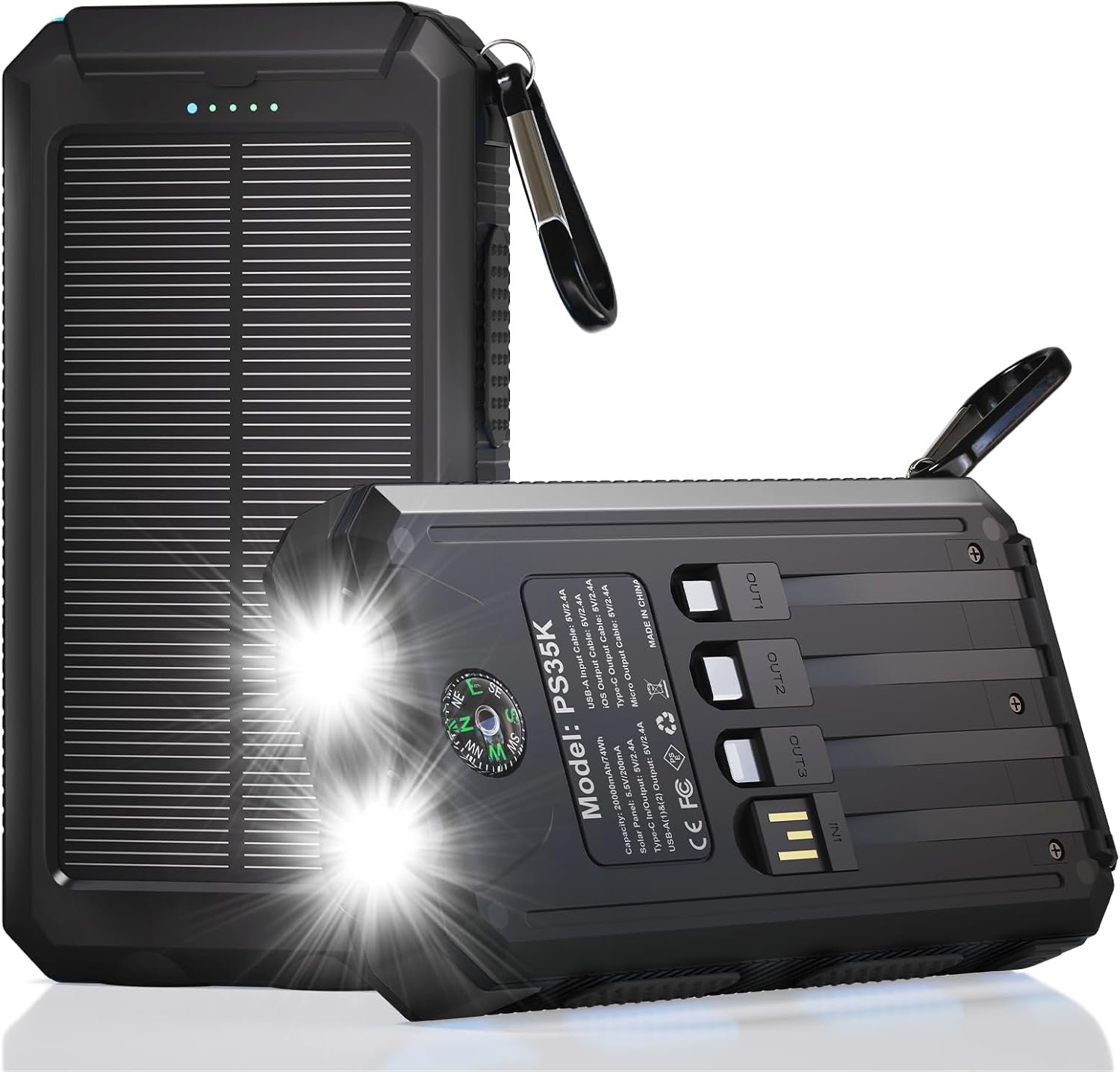Solar Charger Power Bank 20,000mAh, Portable Charger, 4 Cables 3 Ports Fast Charging External Battery Pack with USB C for Cell Phones, Solar Panel Charger with Dual Flashlight for Camping Black