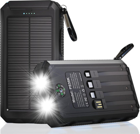 Solar Charger Power Bank 20,000mAh, Portable Charger, 4 Cables 3 Ports Fast Charging External Battery Pack with USB C for Cell Phones, Solar Panel Charger with Dual Flashlight for Camping Black
