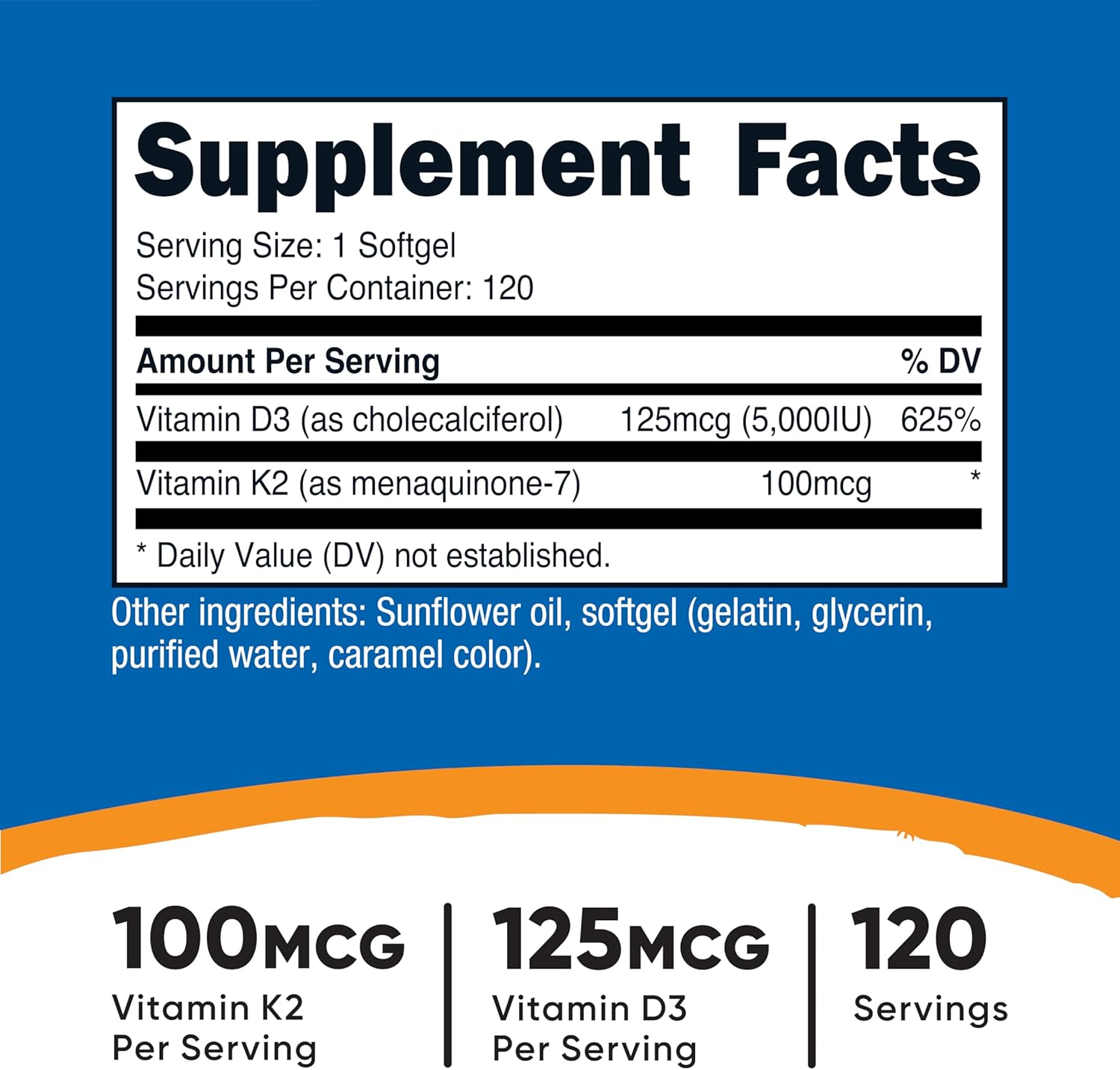Nutricost Vitamin D3 + K2 (5000 IU D3 / 100mcg MK7) 120 Softgels, GMO-Free