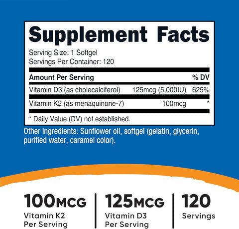 Nutricost Vitamin D3 + K2 (5000 IU D3 / 100mcg MK7) 120 Softgels, GMO-Free