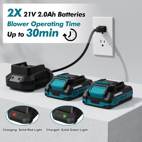 Leaf Blower Cordless 21V Electric with 2 Batteries and Charger Lightweight