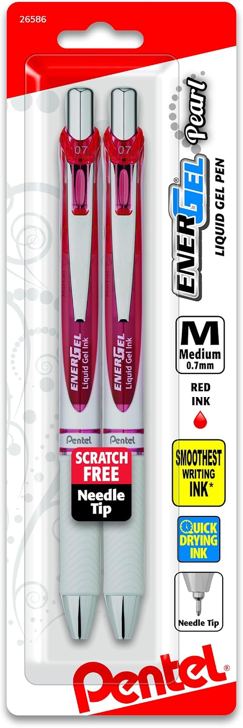 Pentel EnerGel Pearl Retractable Liquid Gel Pen, Needle Tip (0.7mm) Medium Line, Red Ink, 2-Pk (BLN77WBP2B)