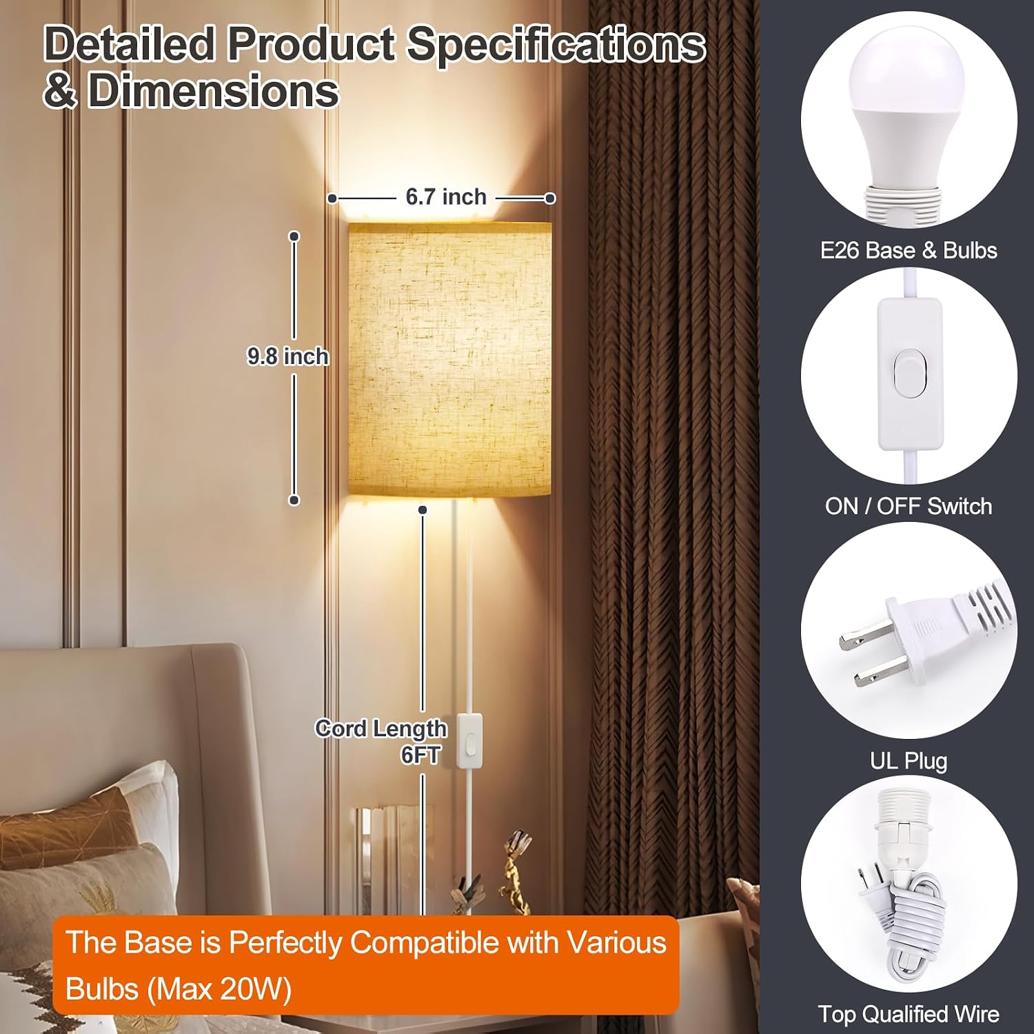 Yunaking Plug in Wall Sconces Set of Two Wall Lights with On/Off Switch