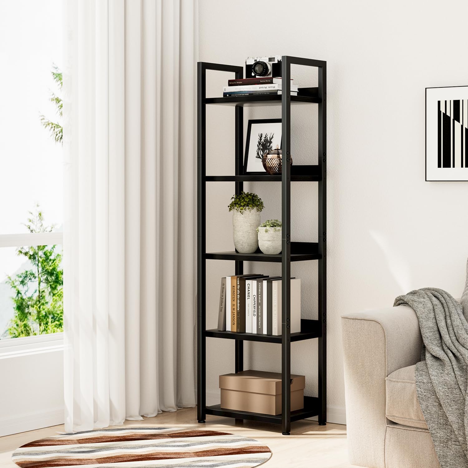 NUMENN Narrow Bookshelf, 5 Tier Bookshelves, Home Office Bookcase Shelf Storage Organizer, Free Standing Storage Shelving Unit for Bedroom, Living Room and Home Office, Black
