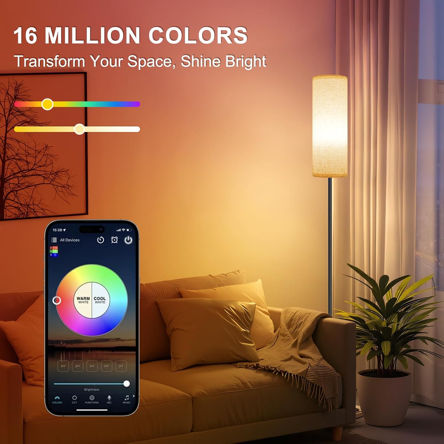 FRIDEKO HOME Floor Lamp, 9W 800LM Color Changing Smart Bulb, Beige Shade