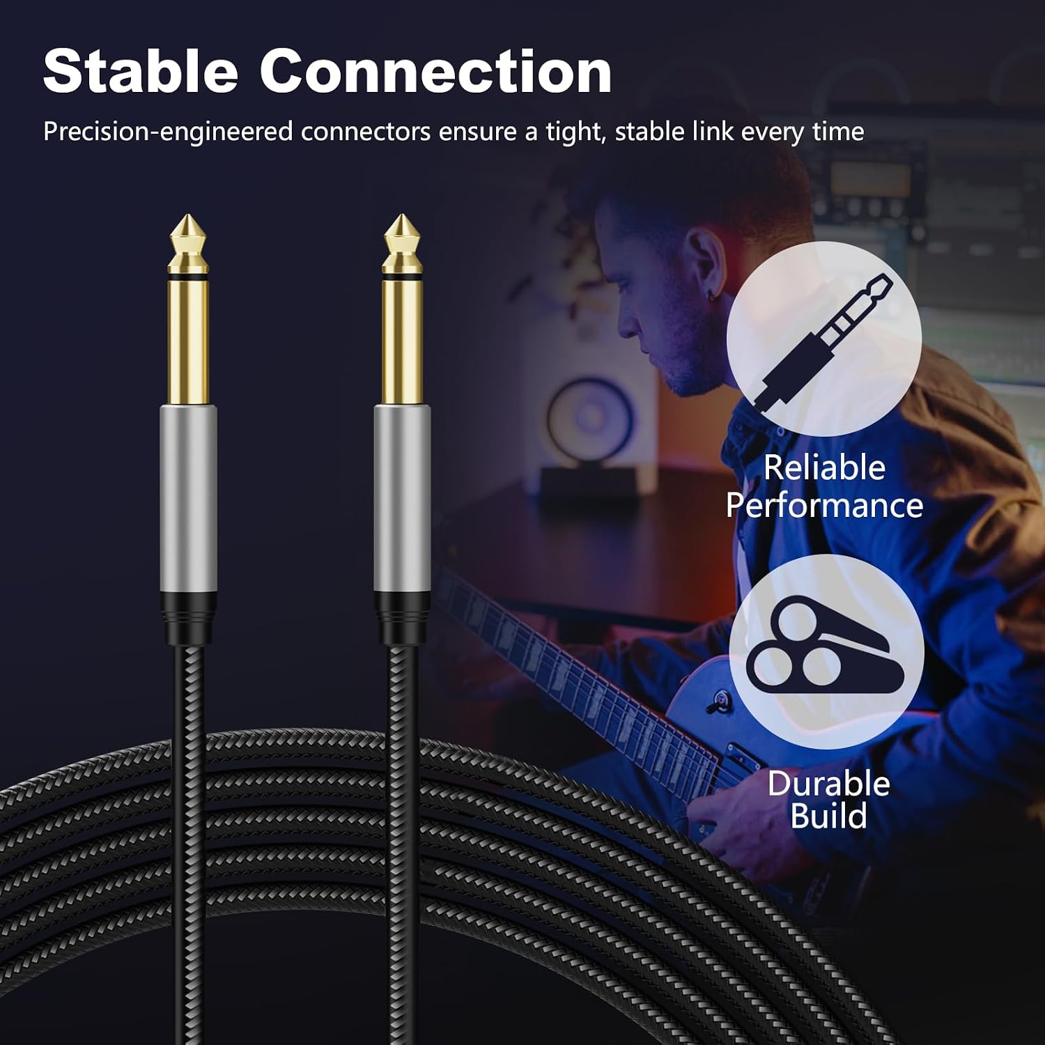 6.35mm Instrument Cable 20Ft,Silver Color Premium 6.35mm Mono Jack 1/4" TS Cable Unbalanced Guitar Patch Cords/Instrument Cable Male to Male with Zinc Alloy Housing and Nylon Braid(20Ft/6M)