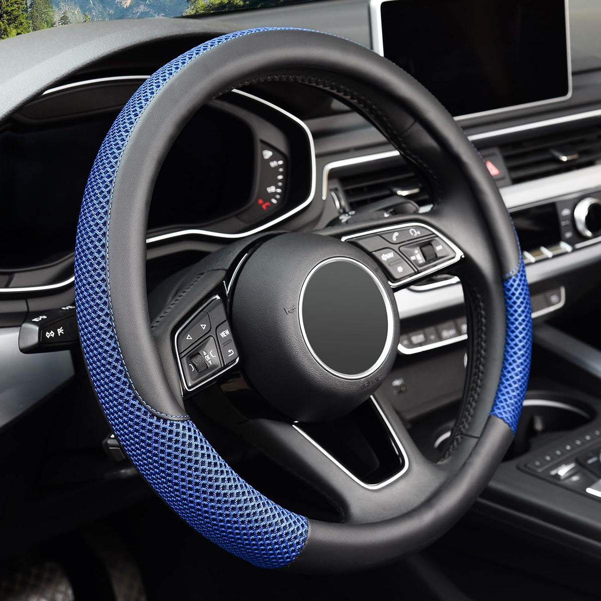 KAFEEK Steering Wheel Cover, Cooling Ice Silk Leather, 15 Inch, Blue