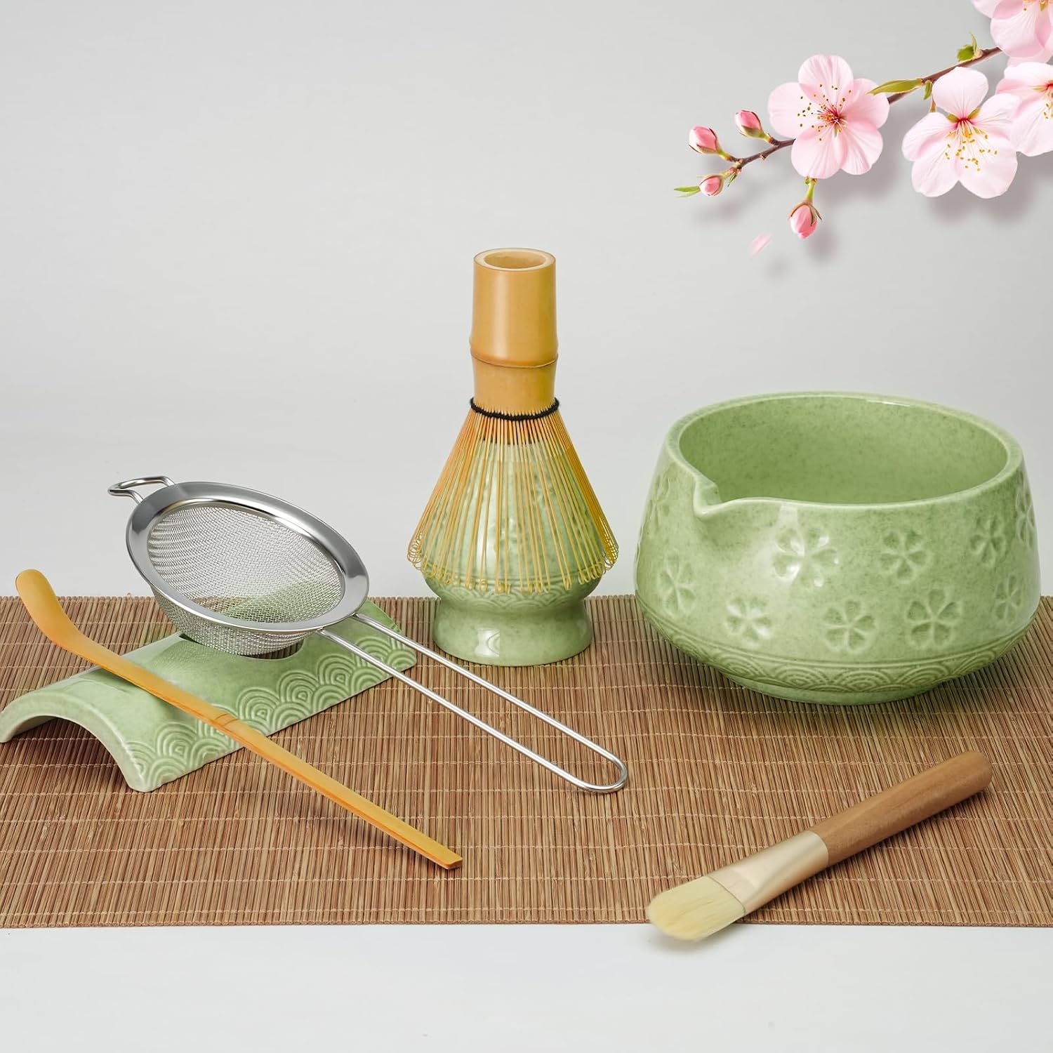 8 Pcs Matcha Whisk Set, Matcha Kit Gifts for Women, Mottled Green