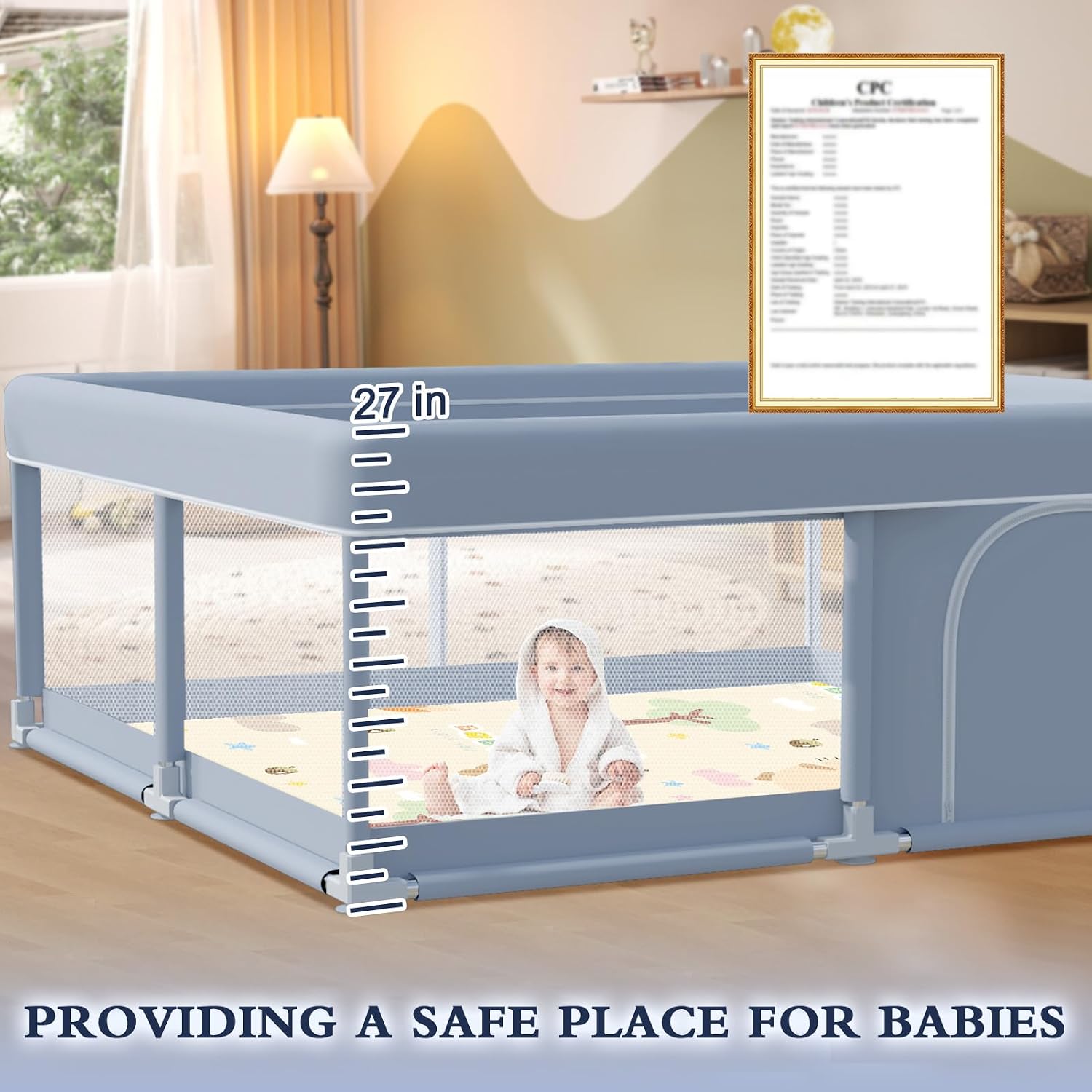 XVISHX 50 x 50 Inch Baby Playpen with Mat, Playpen for Babies and Toddlers, Baby Playard for Indoor & Outdoor Active Center Game Fence, with Skin-Friendly Fabric and Soft Breathable Mesh, Grey