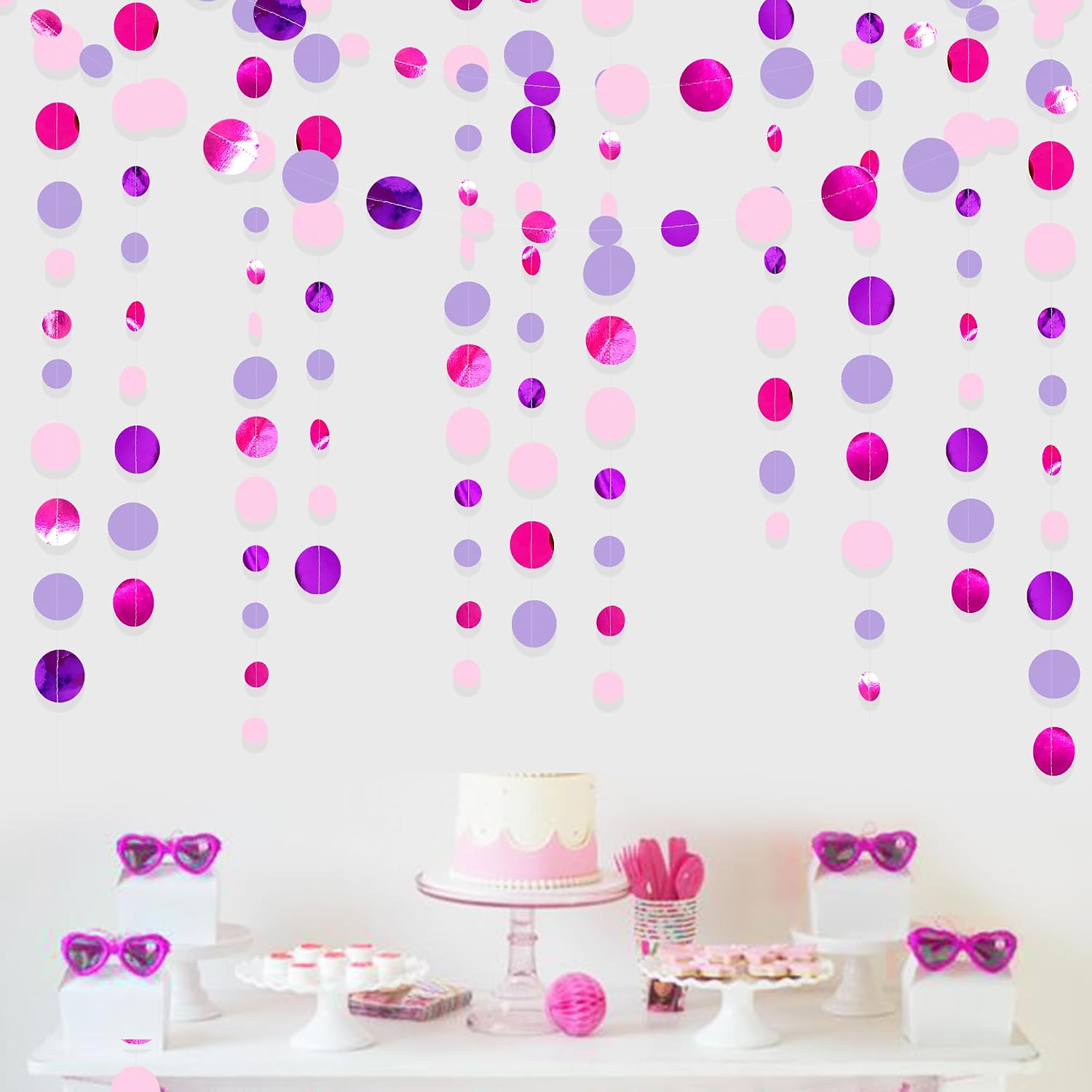 Pink and Purple Party Decorations Circle Dots Garland Hot Pink Lavender Hanging Polka Dot Streamer for Birthday Bridal Shower Wedding Bachelorette Anniversary Party Supplies